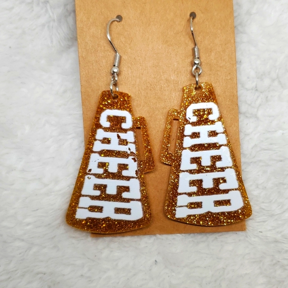 7/$10 Orange CHEER Microphone Earrings, New